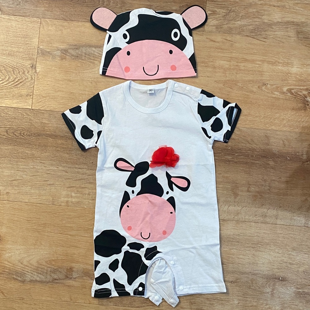 Charming Cow Print Kids Bodysuit with Hat